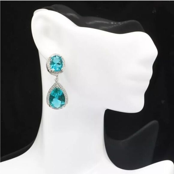 Blue Aquamarine Oval Diamond Silver Dangle Earrings - Picture 2 of 3